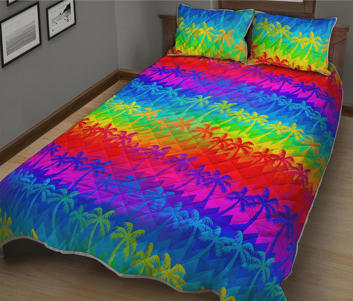 Rainbow Palm Tree Pattern Print Quilt Bed Set