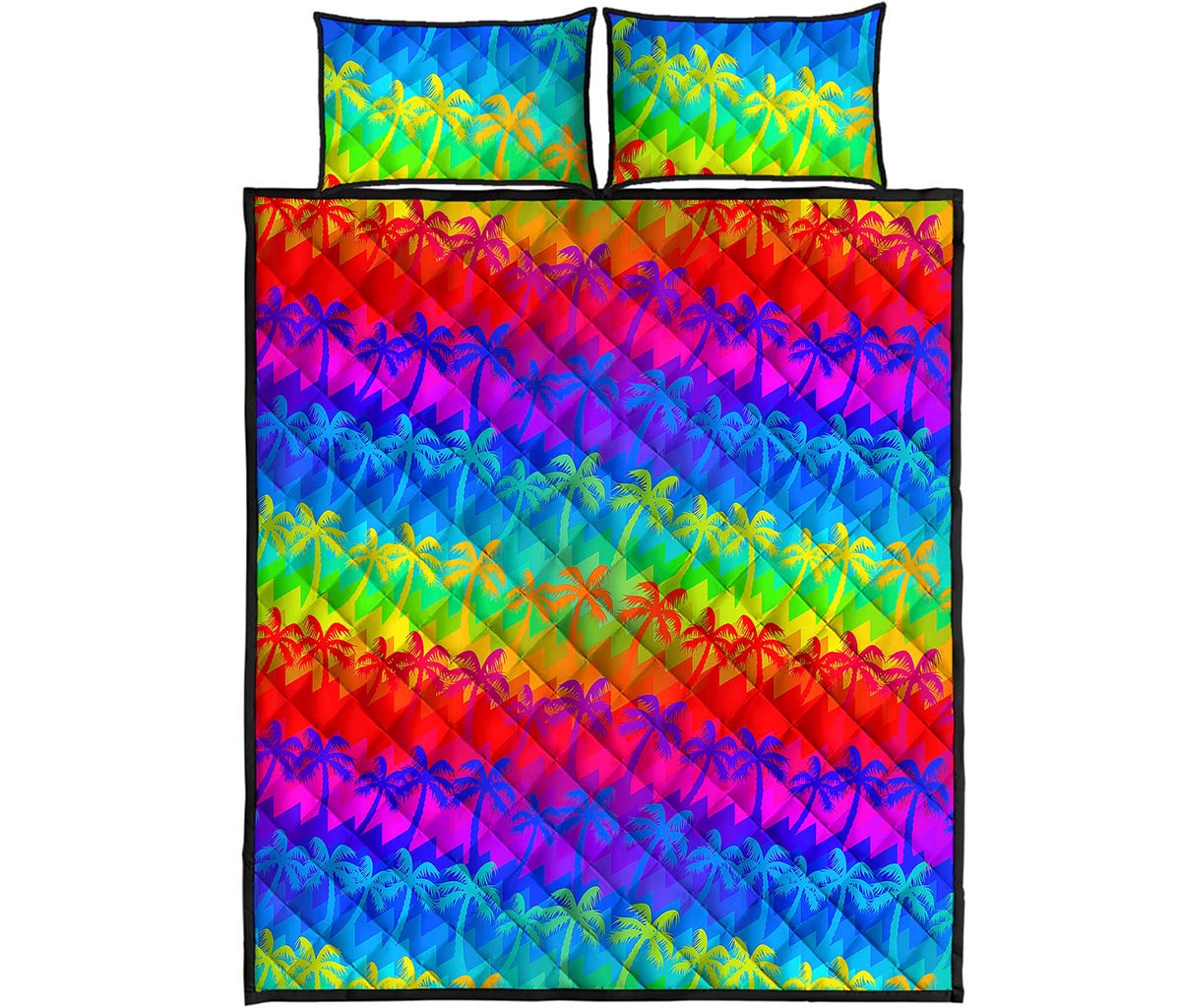 Rainbow Palm Tree Pattern Print Quilt Bed Set