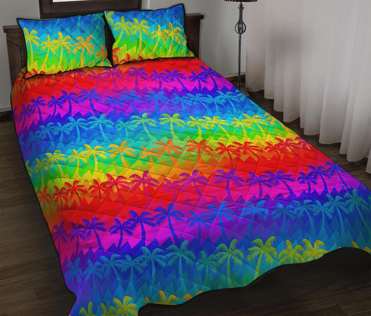 Rainbow Palm Tree Pattern Print Quilt Bed Set