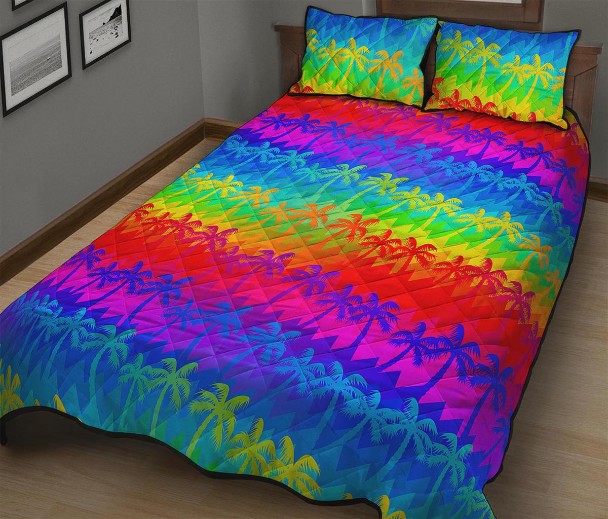 Rainbow Palm Tree Pattern Print Quilt Bed Set
