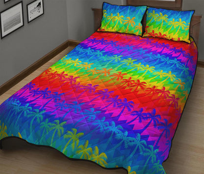Rainbow Palm Tree Pattern Print Quilt Bed Set