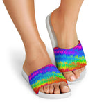Rainbow Palm Tree Pattern Print White Slide Sandals