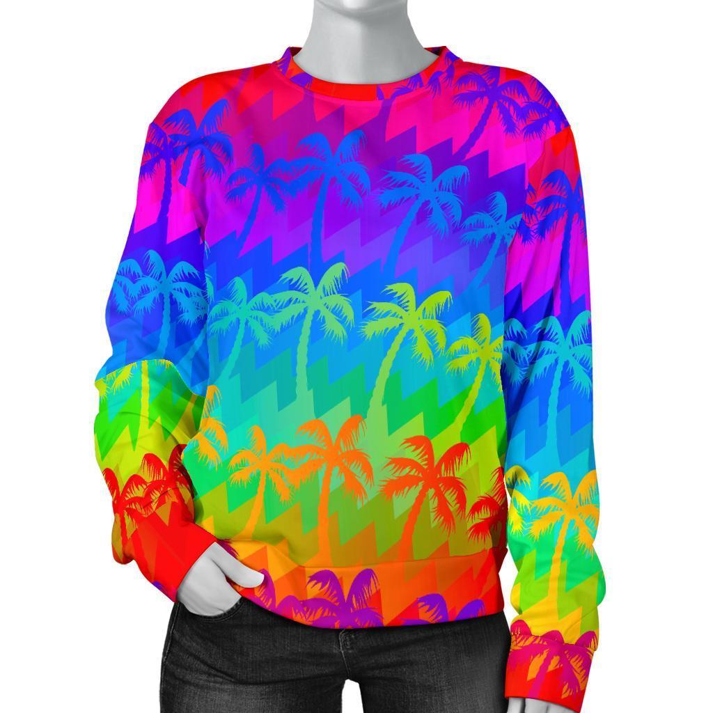 Rainbow Palm Tree Pattern Print Women's Crewneck Sweatshirt GearFrost