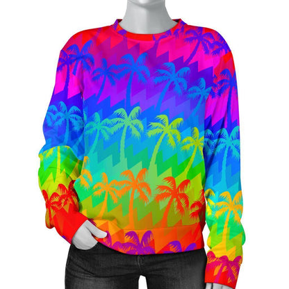 Rainbow Palm Tree Pattern Print Women's Crewneck Sweatshirt GearFrost