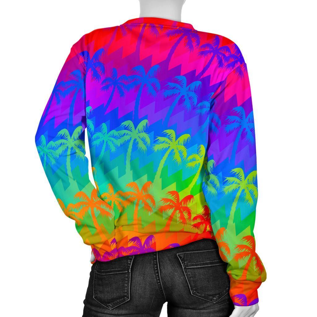 Rainbow Palm Tree Pattern Print Women's Crewneck Sweatshirt GearFrost