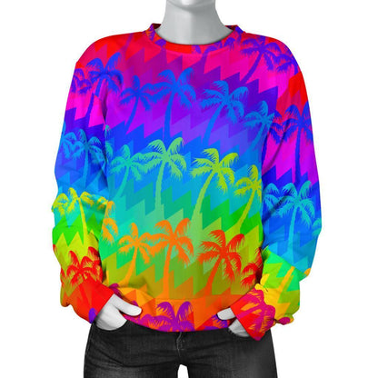 Rainbow Palm Tree Pattern Print Women's Crewneck Sweatshirt GearFrost