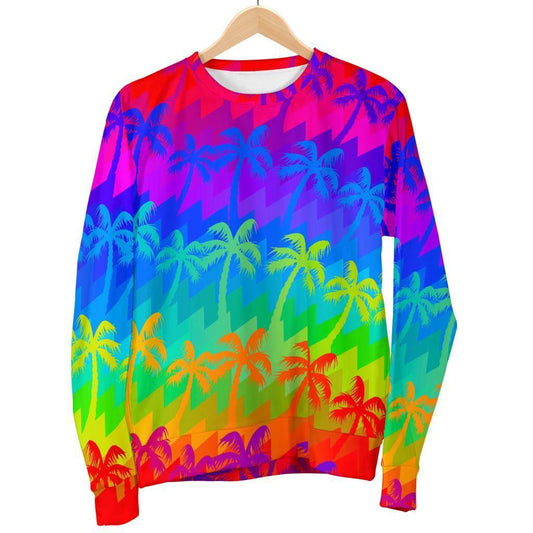 Rainbow Palm Tree Pattern Print Women's Crewneck Sweatshirt GearFrost