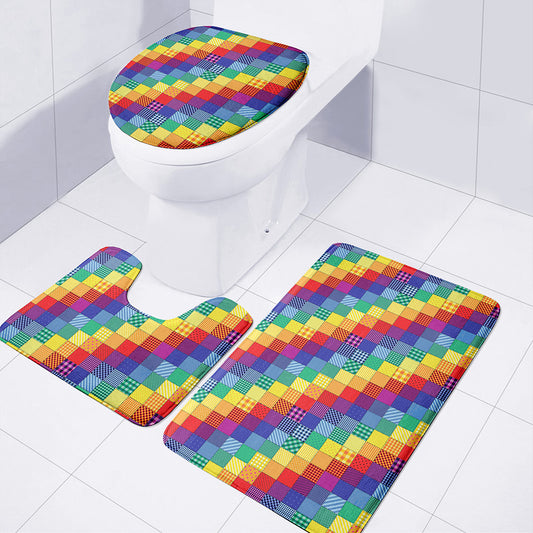 Rainbow Patchwork Pattern Print 3 Piece Bath Mat Set