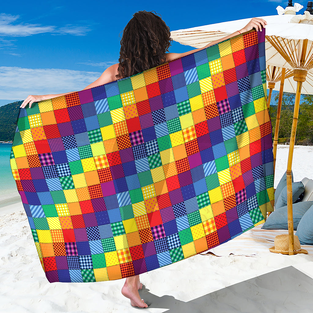 Rainbow Patchwork Pattern Print Beach Sarong Wrap