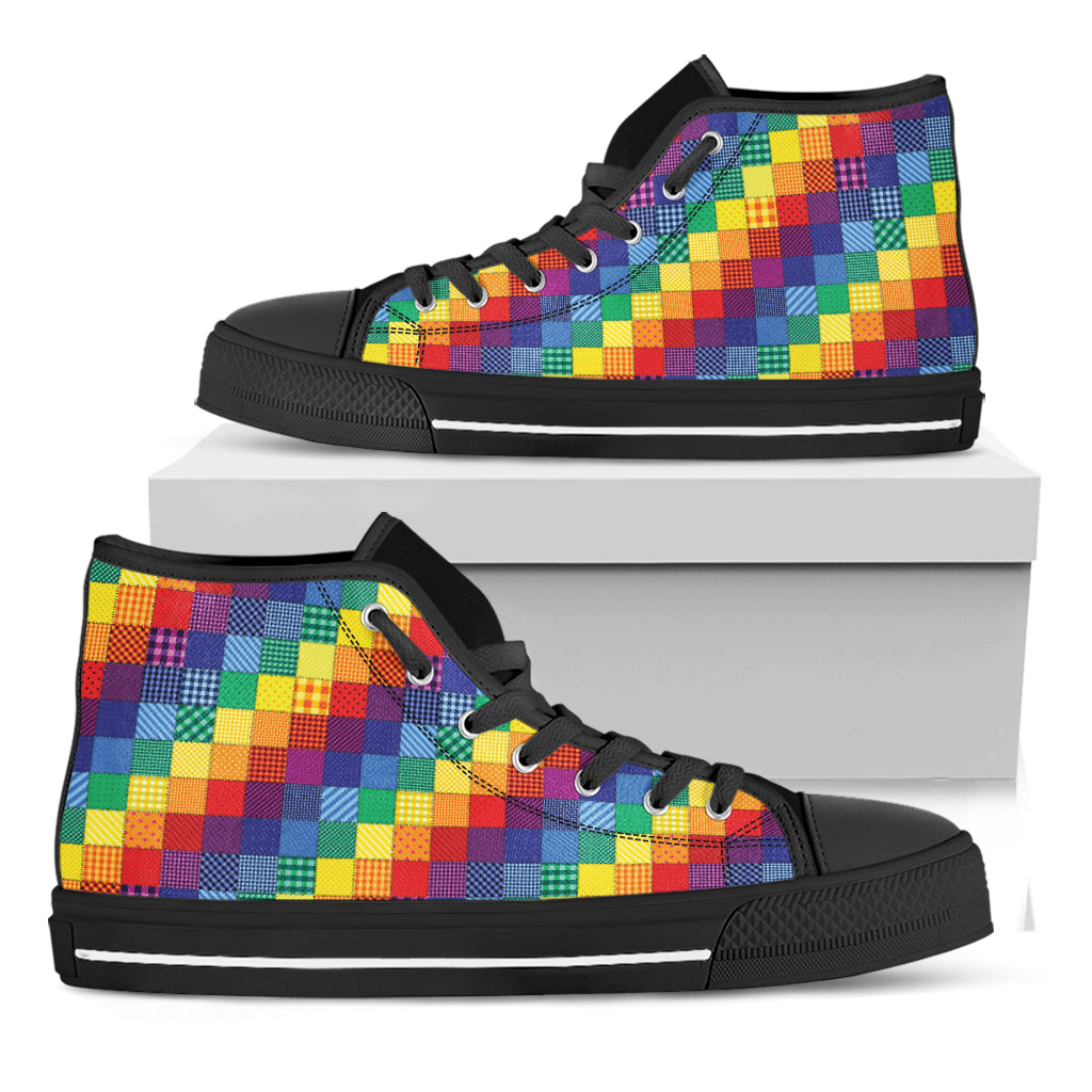 Rainbow Patchwork Pattern Print Black High Top Shoes