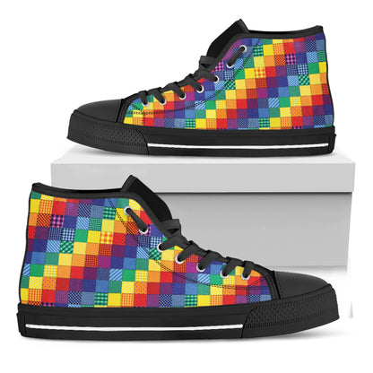Rainbow Patchwork Pattern Print Black High Top Shoes