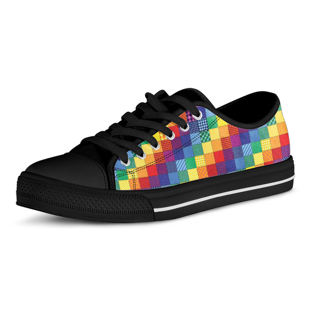Rainbow Patchwork Pattern Print Black Low Top Shoes