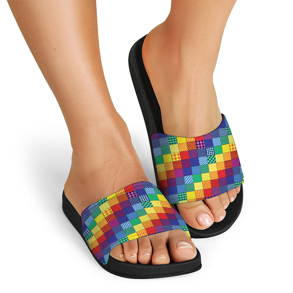 Rainbow Patchwork Pattern Print Black Slide Sandals
