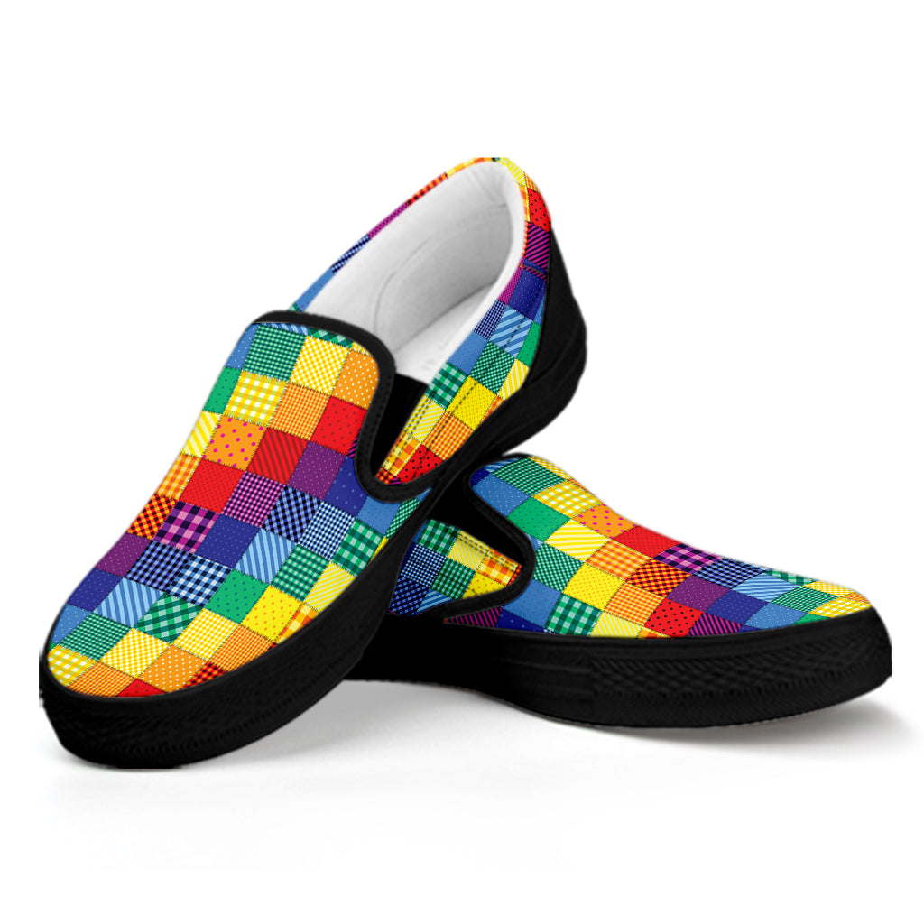 Rainbow Patchwork Pattern Print Black Slip On Shoes
