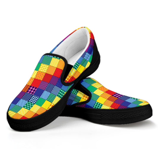 Rainbow Patchwork Pattern Print Black Slip On Shoes