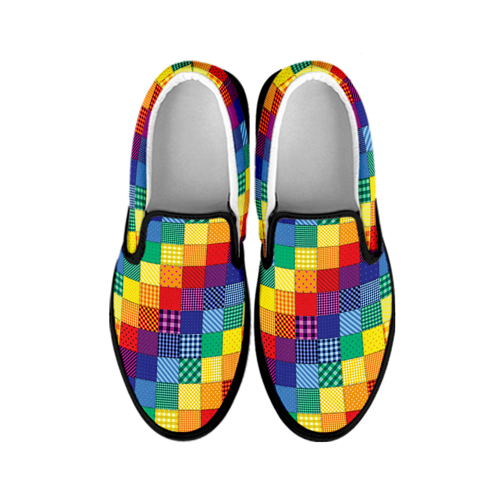 Rainbow Patchwork Pattern Print Black Slip On Shoes