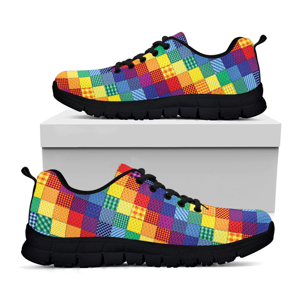 Rainbow Patchwork Pattern Print Black Sneakers