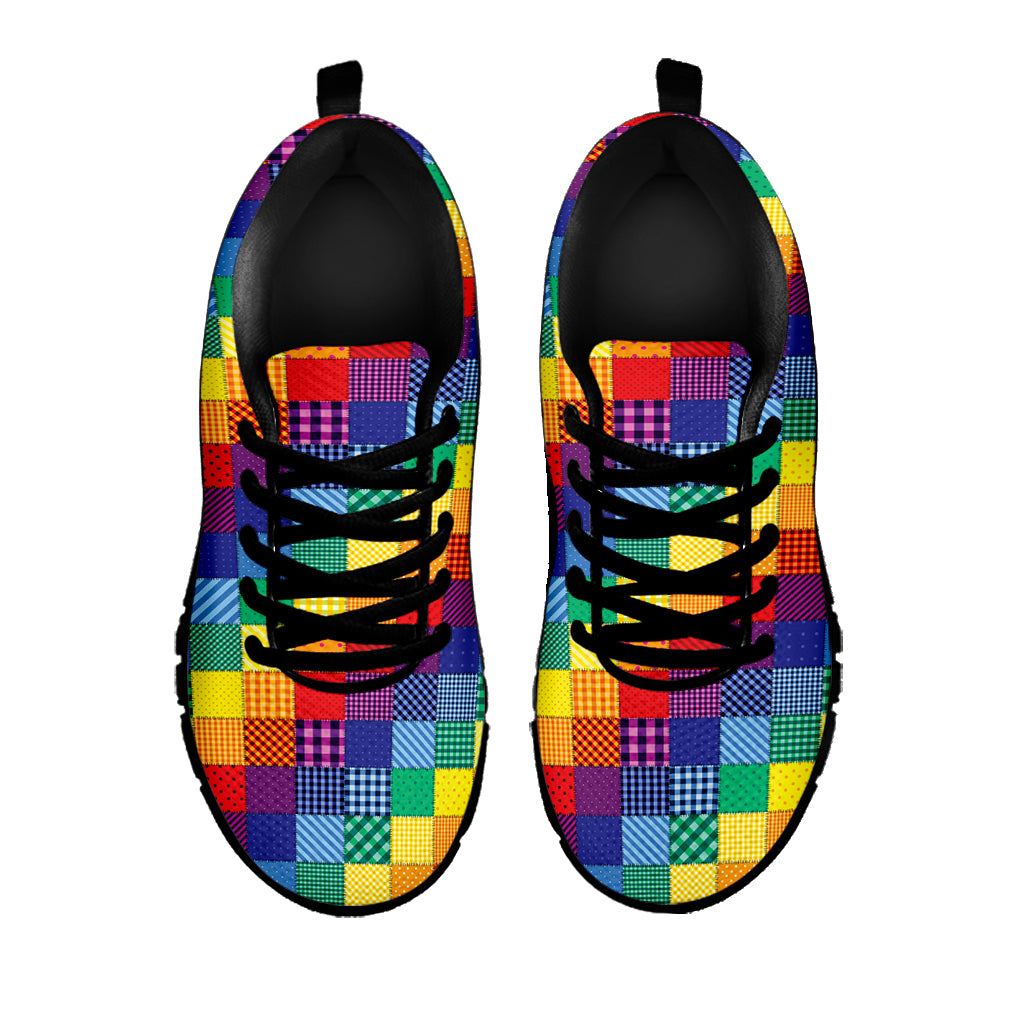 Rainbow Patchwork Pattern Print Black Sneakers