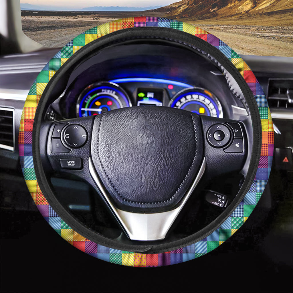 Rainbow Patchwork Pattern Print Car Steering Wheel Cover