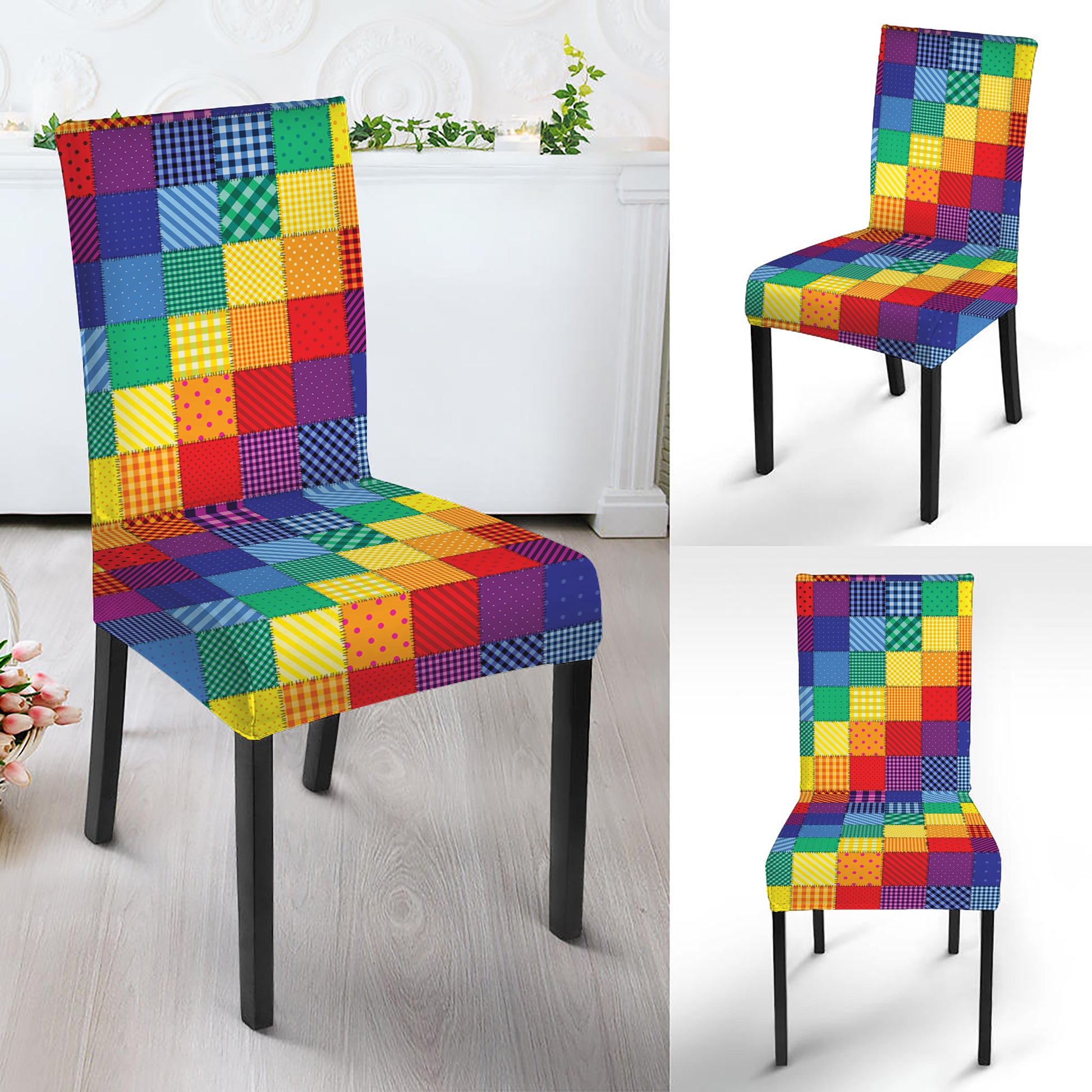 Rainbow Patchwork Pattern Print Dining Chair Slipcover