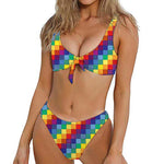 Rainbow Patchwork Pattern Print Front Bow Tie Bikini