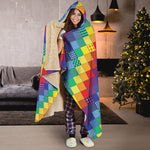 Rainbow Patchwork Pattern Print Hooded Blanket