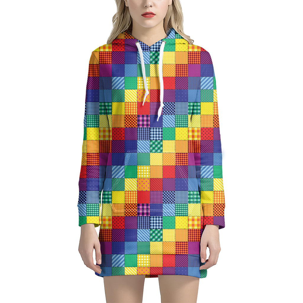 Rainbow Patchwork Pattern Print Hoodie Dress