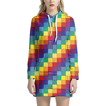 Rainbow Patchwork Pattern Print Hoodie Dress