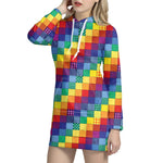 Rainbow Patchwork Pattern Print Hoodie Dress