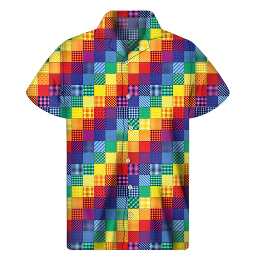 Rainbow Patchwork Pattern Print Men's Short Sleeve Shirt