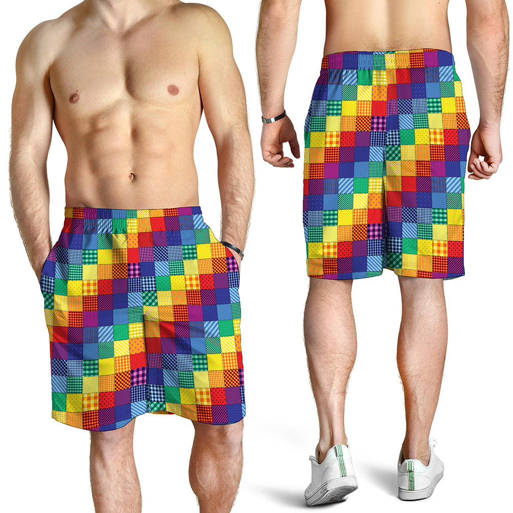 Rainbow Patchwork Pattern Print Men's Shorts