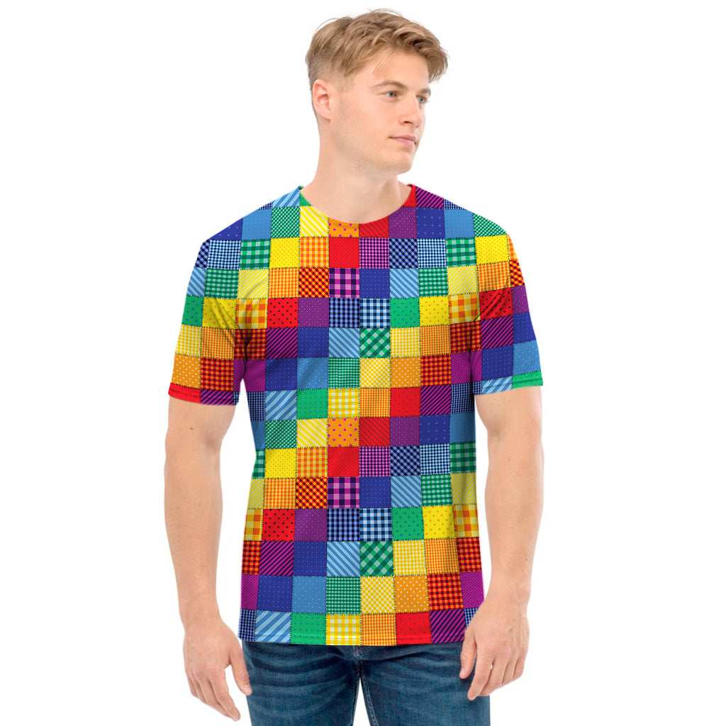 Rainbow Patchwork Pattern Print Men's T-Shirt