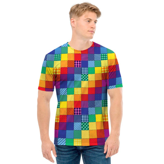 Rainbow Patchwork Pattern Print Men's T-Shirt