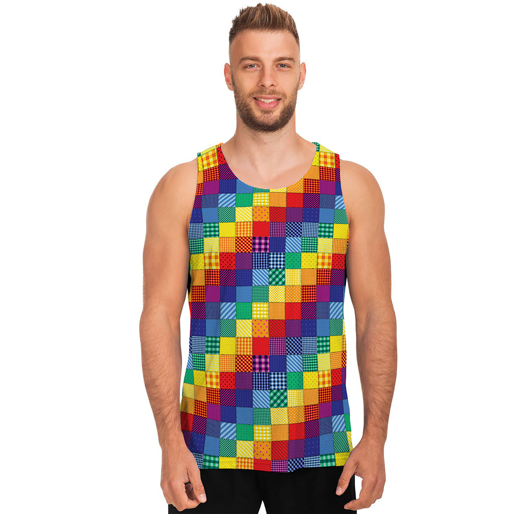 Rainbow Patchwork Pattern Print Men's Tank Top