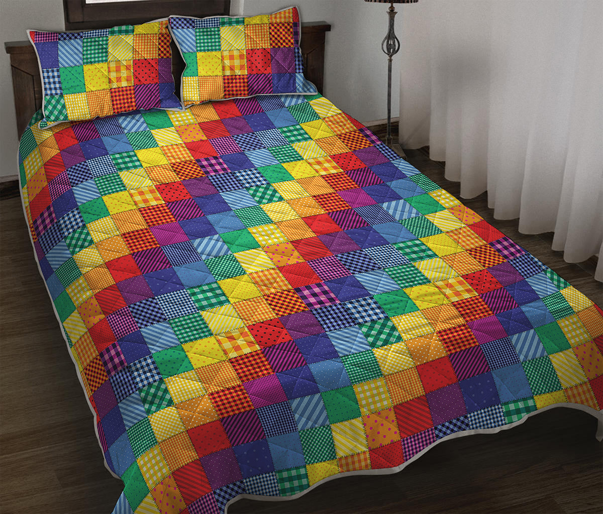 Rainbow Patchwork Pattern Print Quilt Bed Set