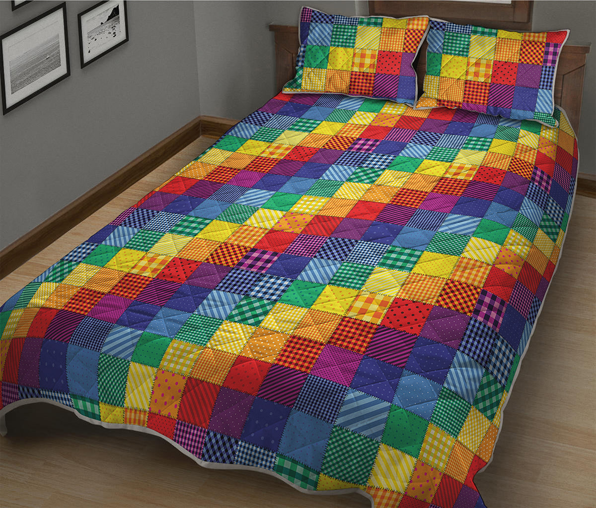 Rainbow Patchwork Pattern Print Quilt Bed Set