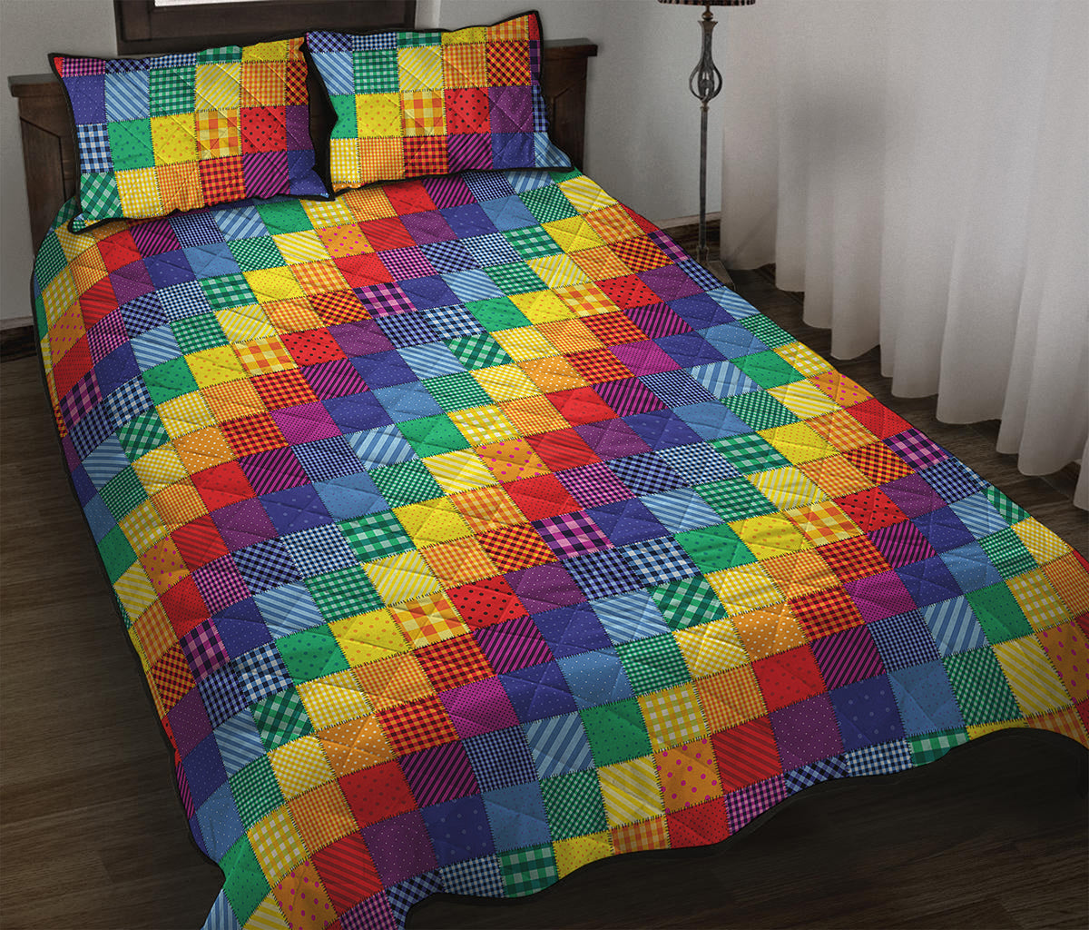 Rainbow Patchwork Pattern Print Quilt Bed Set