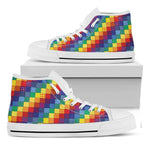 Rainbow Patchwork Pattern Print White High Top Shoes