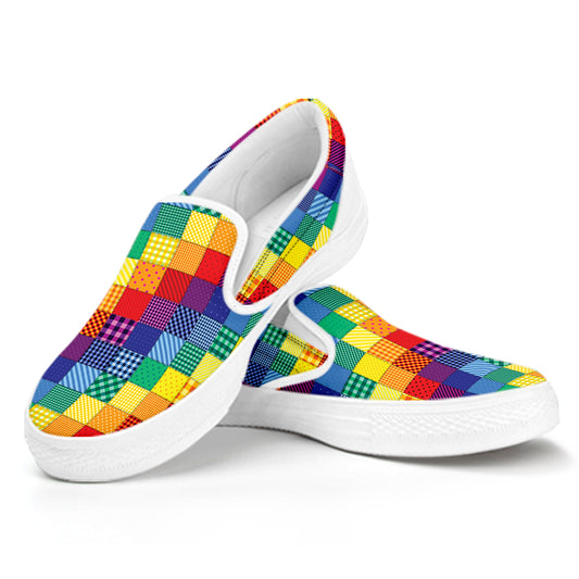 Rainbow Patchwork Pattern Print White Slip On Shoes