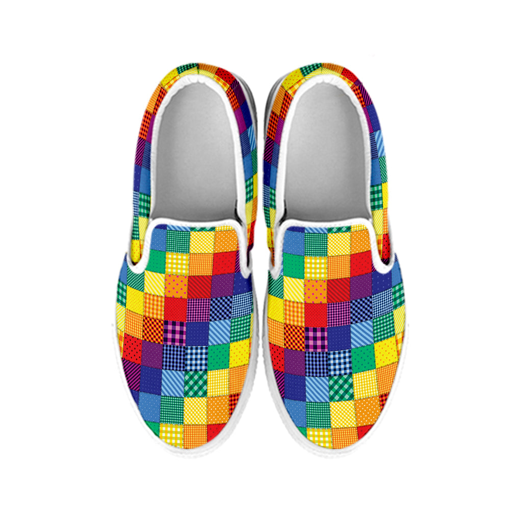 Rainbow Patchwork Pattern Print White Slip On Shoes
