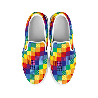 Rainbow Patchwork Pattern Print White Slip On Shoes