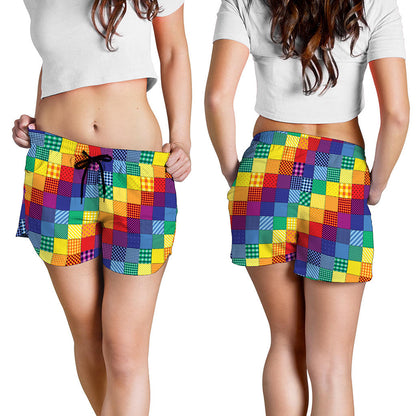 Rainbow Patchwork Pattern Print Women's Shorts