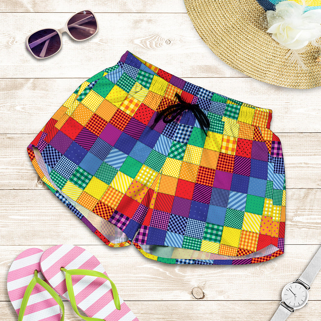 Rainbow Patchwork Pattern Print Women's Shorts