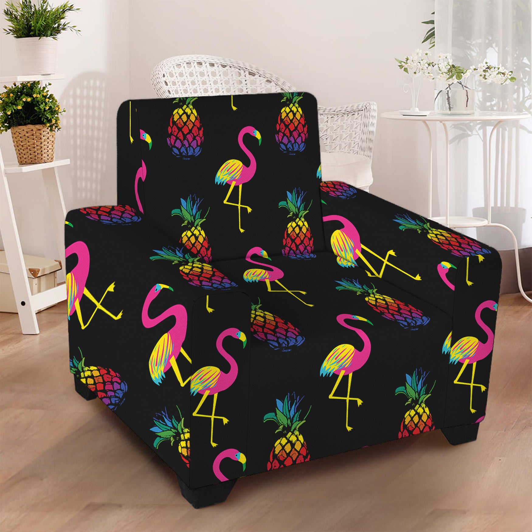 Rainbow Pineapple And Flamingo Print Armchair Slipcover