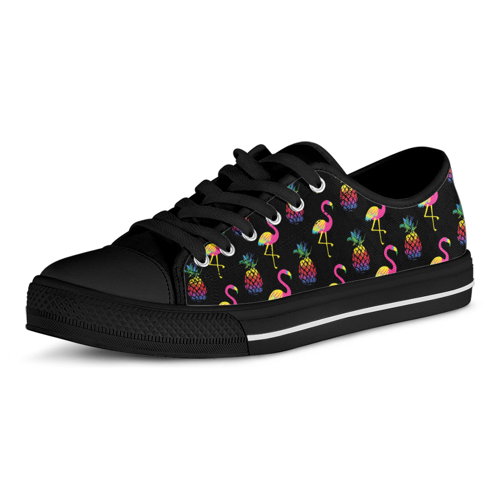 Rainbow Pineapple And Flamingo Print Black Low Top Shoes