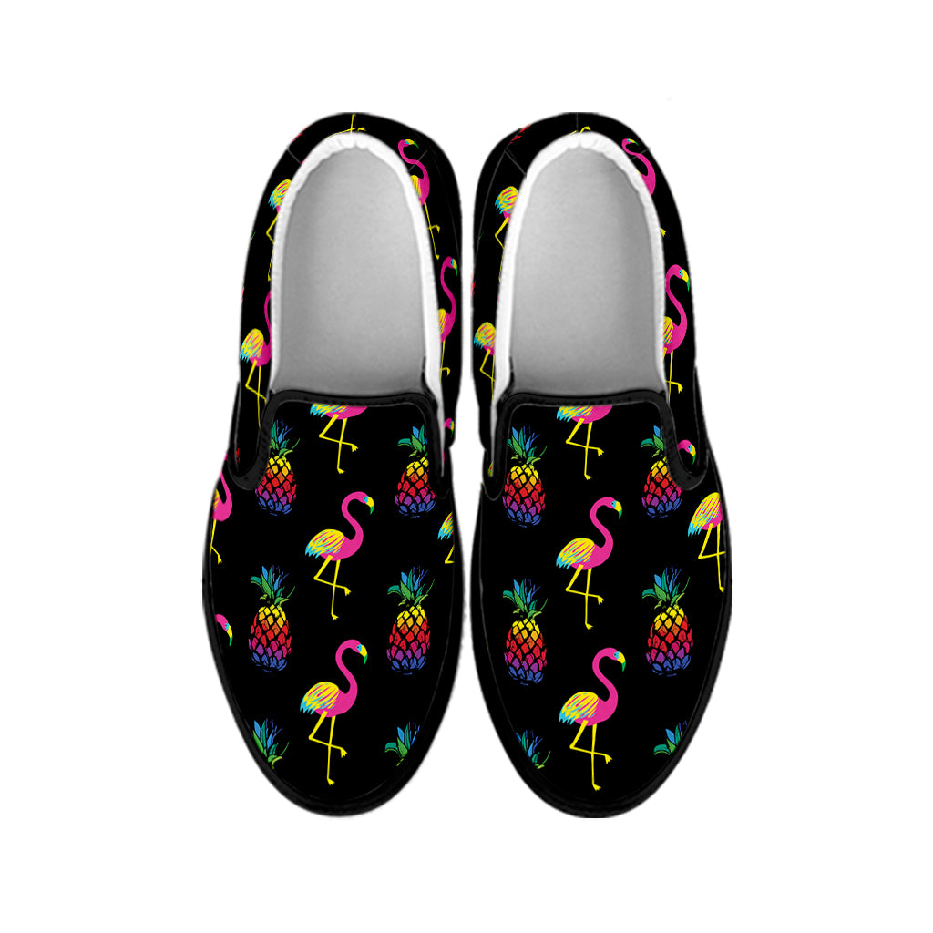Rainbow Pineapple And Flamingo Print Black Slip On Shoes