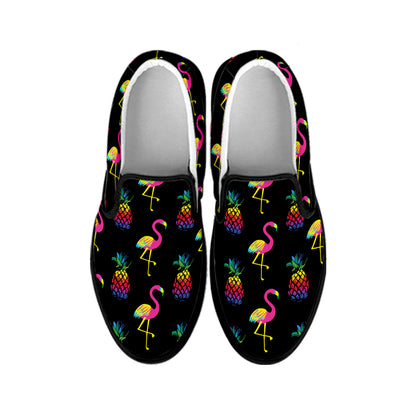 Rainbow Pineapple And Flamingo Print Black Slip On Shoes