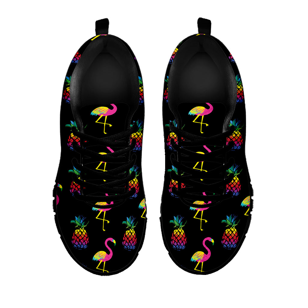 Rainbow Pineapple And Flamingo Print Black Sneakers