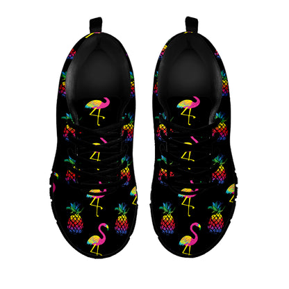 Rainbow Pineapple And Flamingo Print Black Sneakers