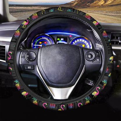 Rainbow Pineapple And Flamingo Print Car Steering Wheel Cover